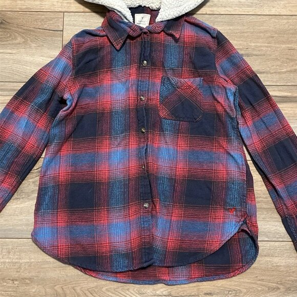 Women's American Eagle Vintage Boyfriend Flannel Shirt MEDIUM Hooded Button Up - Picture 2 of 12